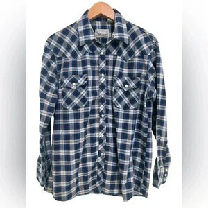 VINTAGE New Frontiers Mens Large Blue Plaid Big Yank Weastern Pearl Snap Shirt